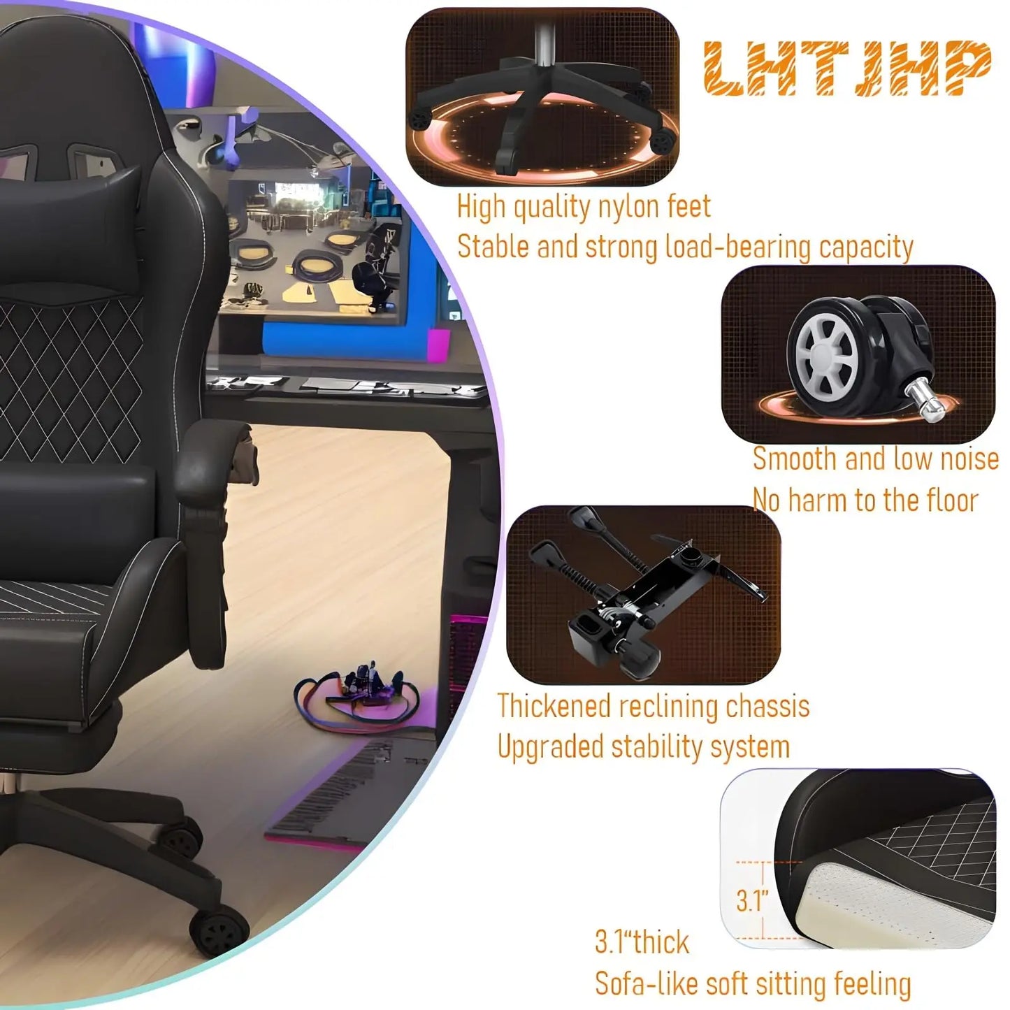 Sedia gaming Hestora in pelle PU, grande e alta, sedia ergonomica da computer con schienale alto, poggiapiedi e supporto lombare massaggiante per adulti