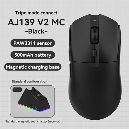 AJAZZ AJ139 V2 MC/AJ139 PRO vezeték nélküli gaming egér PAW3311/PAW3395 szenzorral, 12000DPI/26000DPI, 500mAh, Bluetooth gamer egér PC-hez