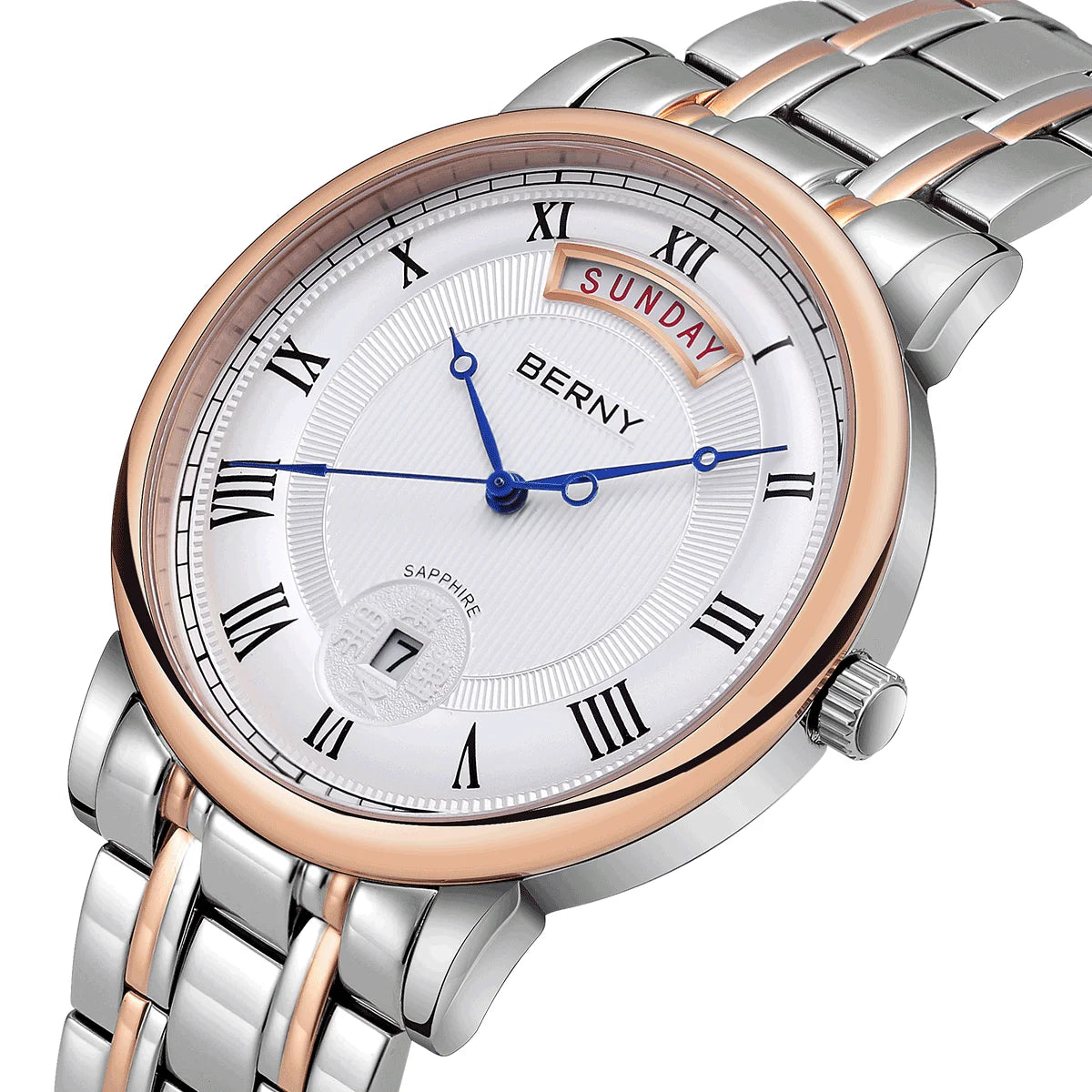 Montre à quartz pour homme BERNY, équipée d'un mouvement Miyota VJ55, modèle de luxe de haute qualité avec affichage du jour, boîtier en acier inoxydable, verre saphir et étanchéité.