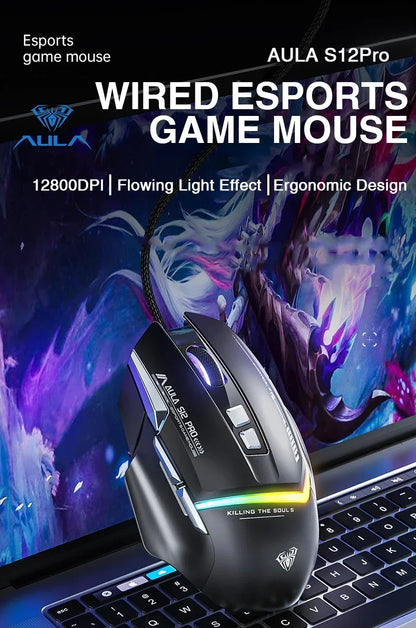 Mouse meccanico cablato AULA S12Pro 1000HZ 12800DPI RGB a bassa latenza con macro personalizzabili, mouse da gaming esports, accessori per PC gamer