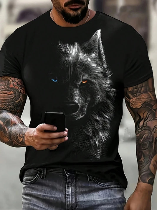 Herren-T-Shirt mit Wolf-Print und unterschiedlichen Pupillen – lässiges Alltags-T-Shirt für Herren, urbaner Street-Fashion-Style, kurzärmeliges Sommer-Tee für Outdoor-Sport
