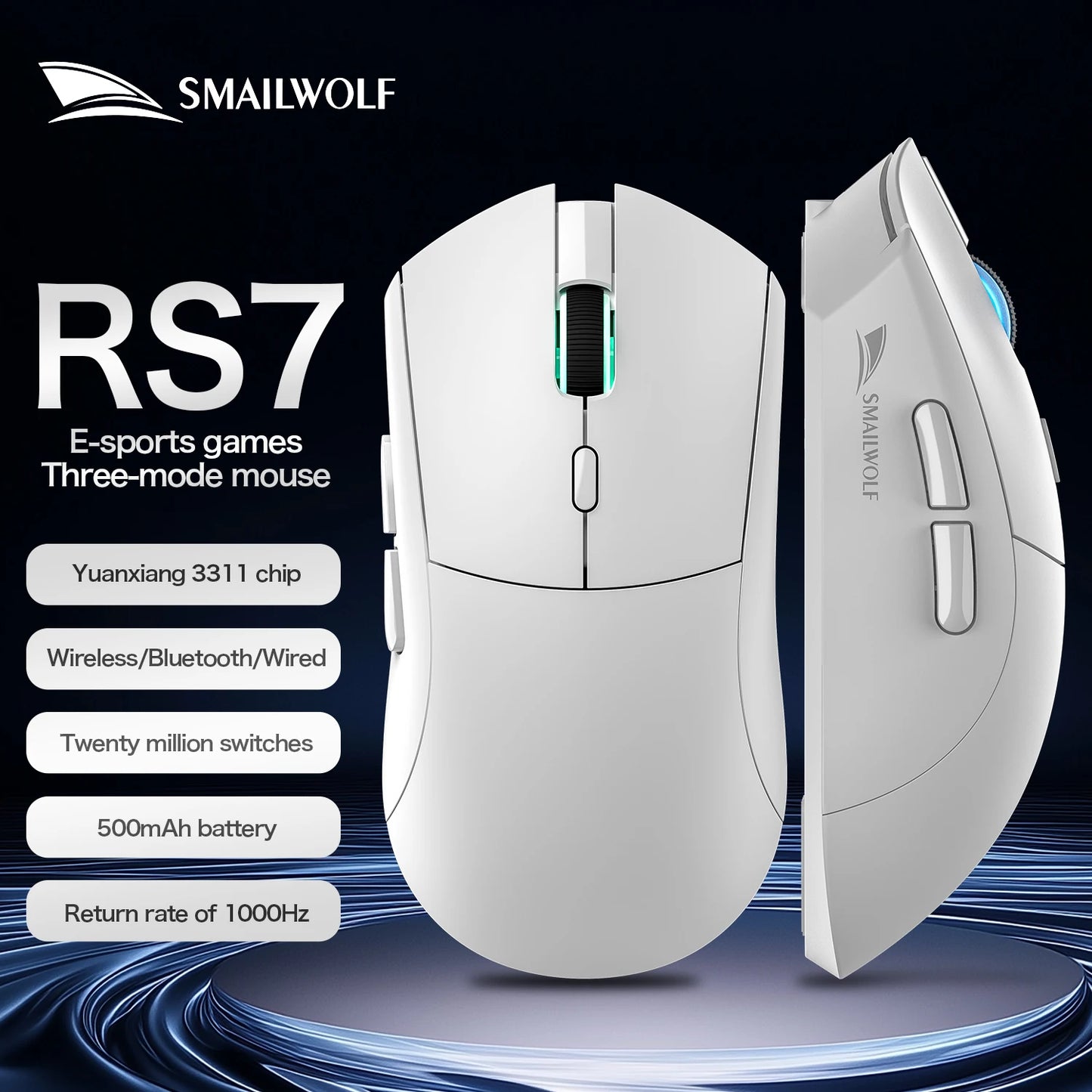 Bezdrátová herní myš SMAILWOLF RS7 Bluetooth, tři režimy, PAW3311, makra s vysokou přesností, pro notebook, gaming i kancelář