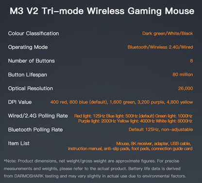 Motospeed Darmoshark M3 V2 Double 8K Gaming Mouse Bluetooth Wireless 26K DPI PAW3395 Sensor Macro Game Mouse For Laptop PC
