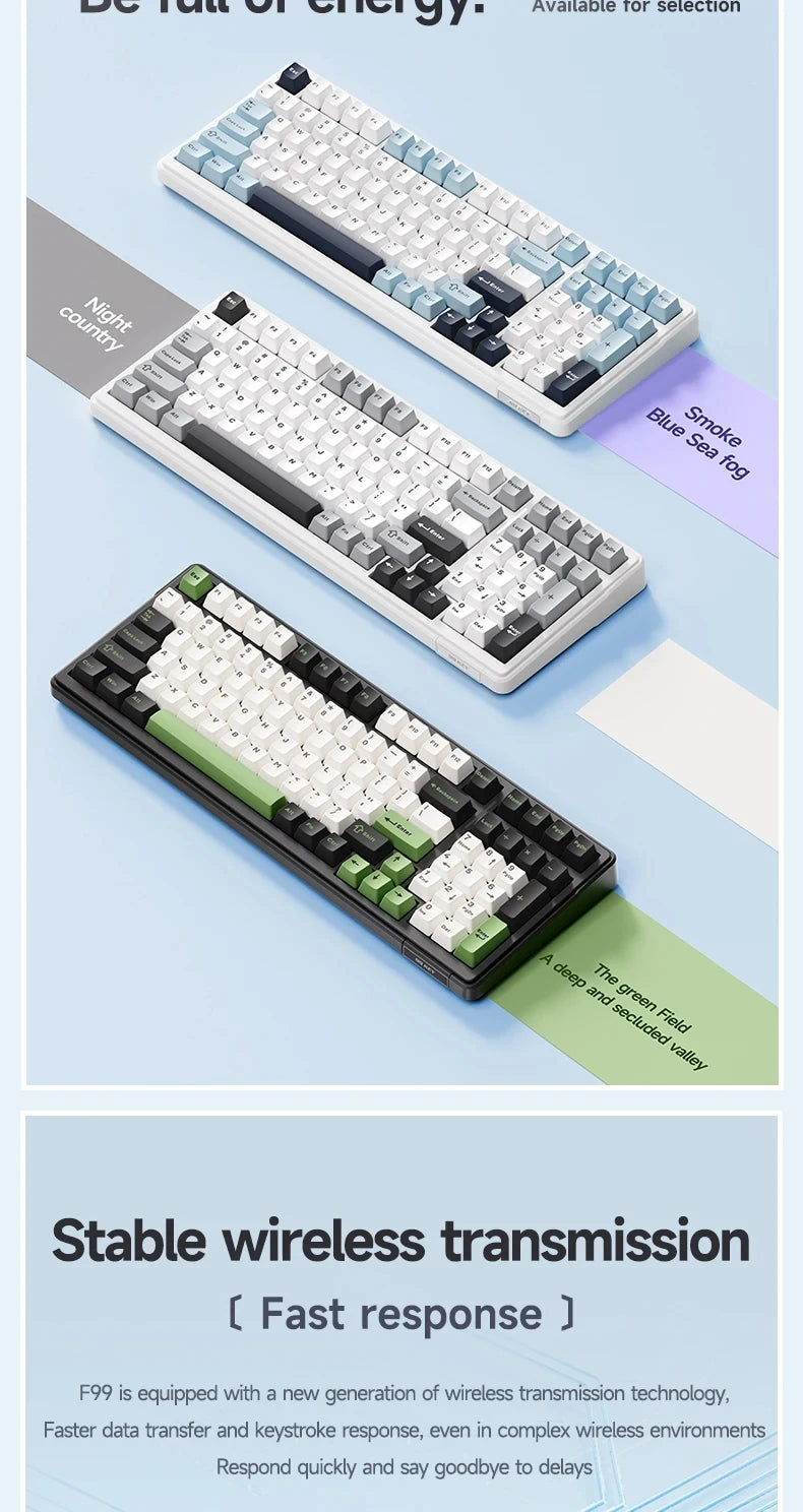 Teclado mecánico gaming Aula F99 de 99 teclas, tres modos: 2.4g inalámbrico, Bluetooth y cableado, hot swap, PBT, gasket y RGB para juegos y escritura
