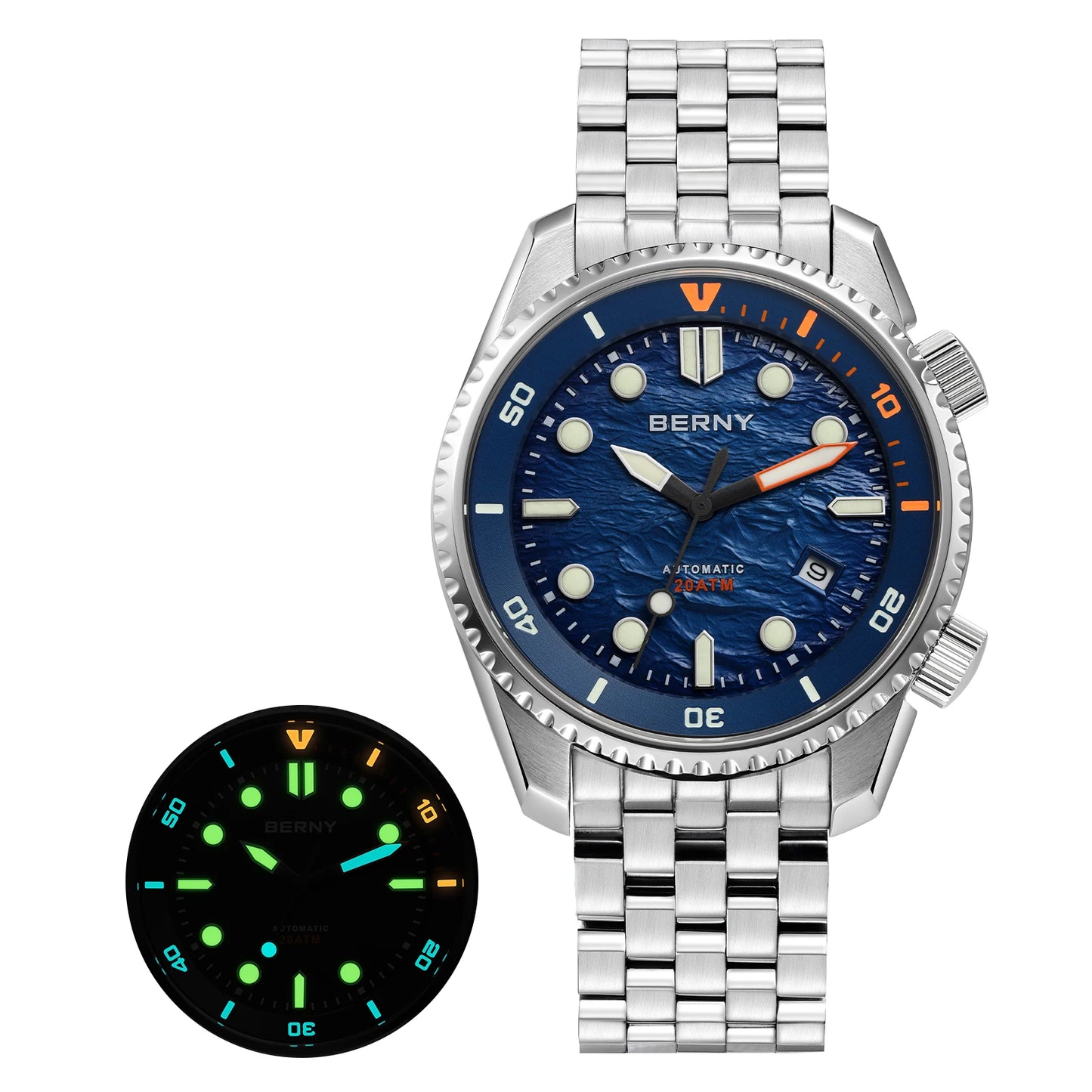 BERNY 20ATM Automatic Men's Watch Diver Sports Diving Watches Luxury Sapphire 316L Stainless Steel Mechanical Waterproof Watches
