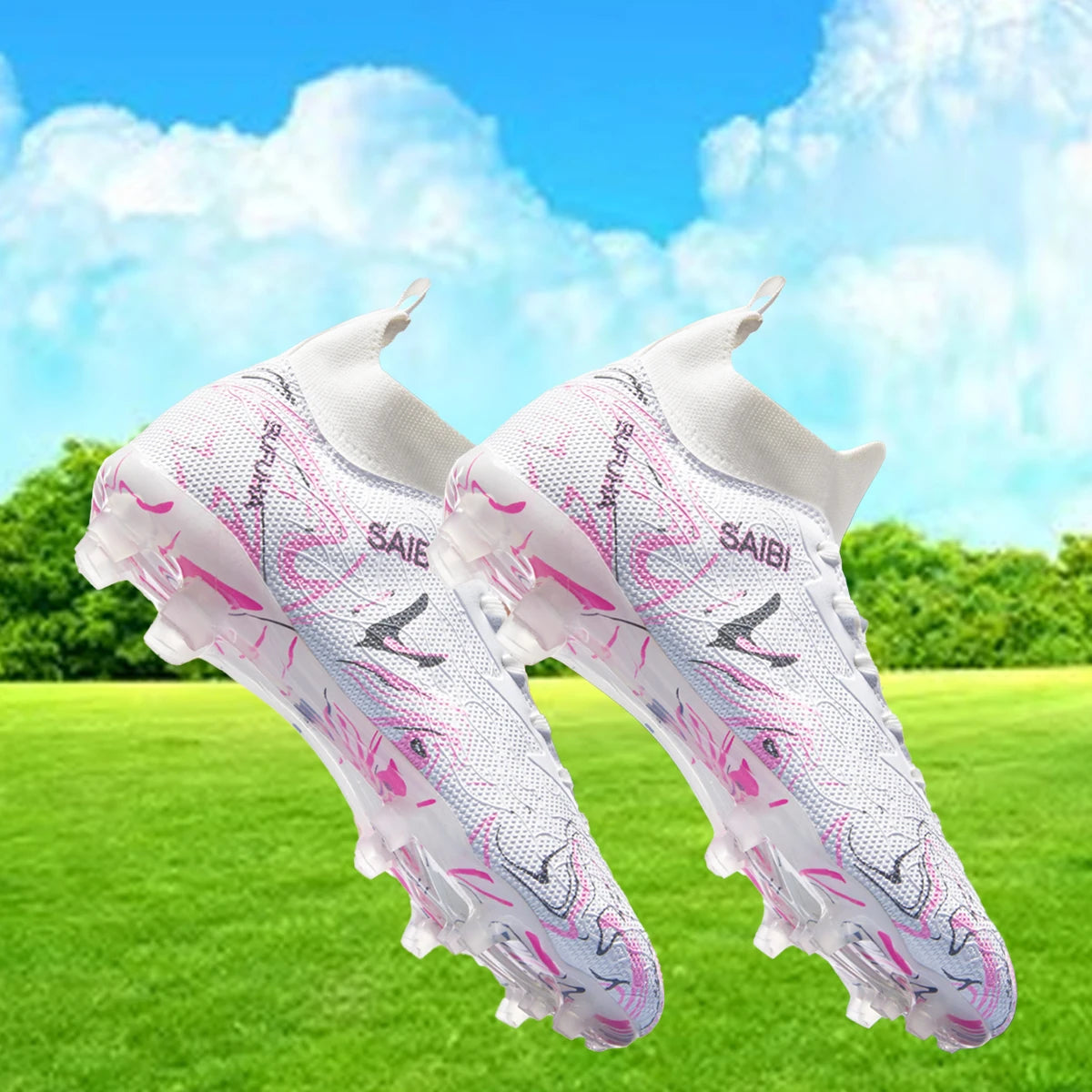 Chaussures de football, sneakers, chaussures de soccer, au-dessus de la cheville mais pas jusqu'au genou, semelle antidérapante à crampons.