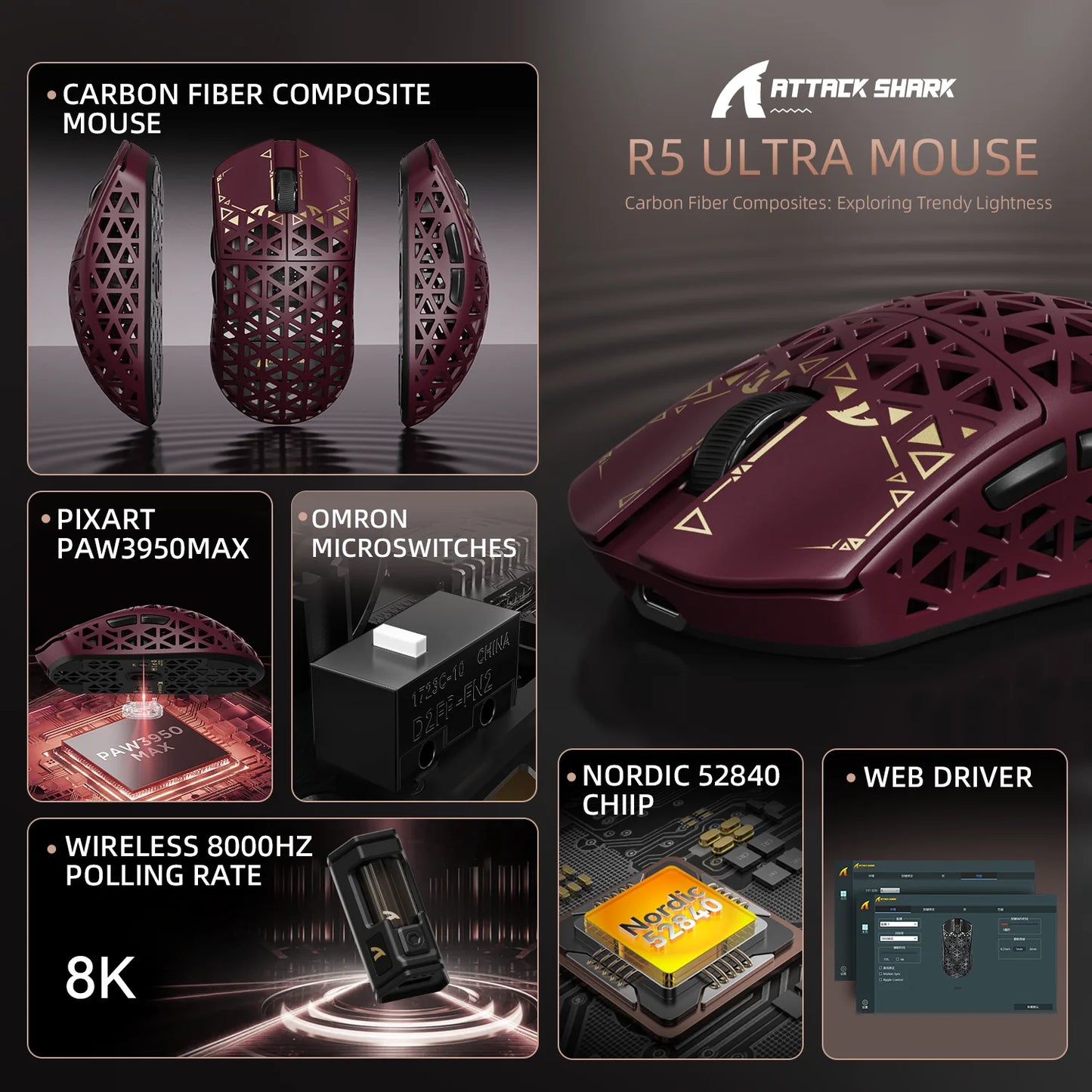 Bezdrátová herní myš ATTACK SHARK R5 Ultra Carbon Fiber, herní senzor PixArt PAW3950MAX, 42000DPI, 8000Hz, MCU Nordic 52840