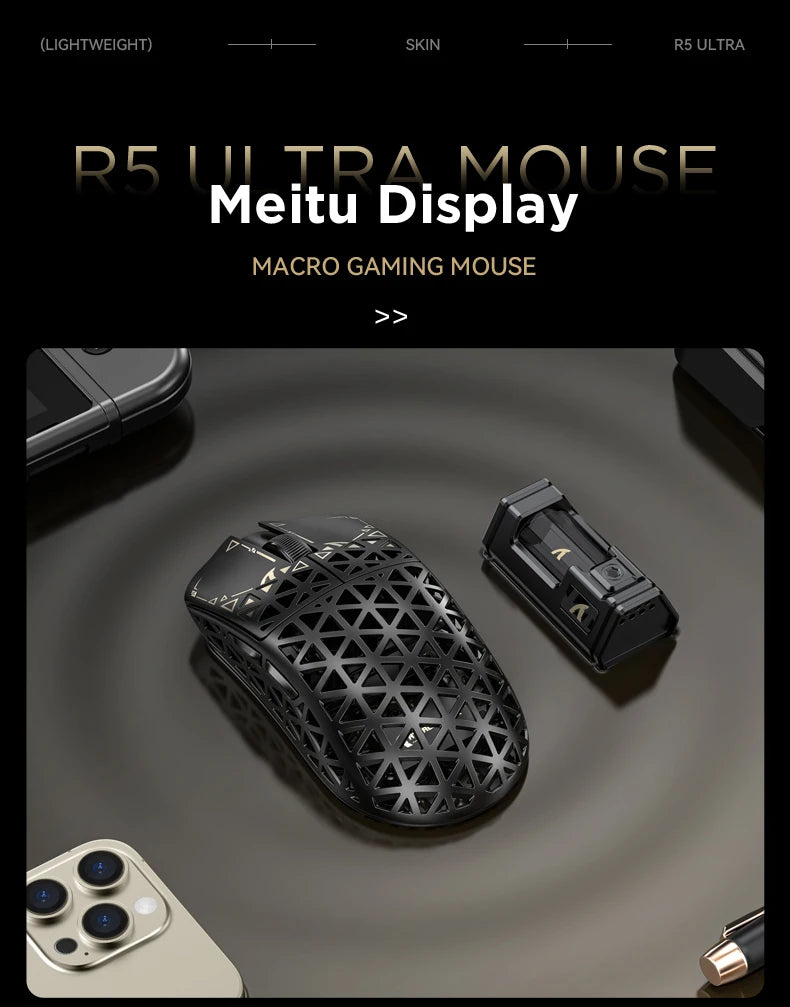Bezdrátová herní myš ATTACK SHARK R5 Ultra Carbon Fiber, herní senzor PixArt PAW3950MAX, 42000DPI, 8000Hz, MCU Nordic 52840