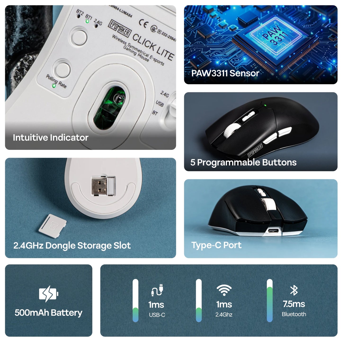 EPOMAKER Click Lite Wired/BT/2.4GHz Wireless Gaming Mouse PAW3311 Sensor 800 to 24000 DPI with 500mAh Battery for PC/Mac/Linux