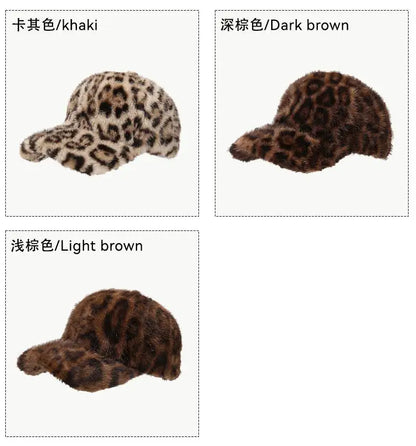 Leopard Print Baseball Cap Women Plush Faux Fur Keep Warm Winter Women's Cap Outdoor Vintage Snapback Hats For Women