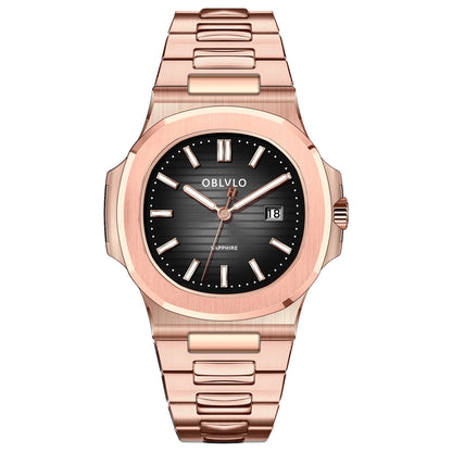OBLVLO Men's Rose Gold Brown Dial Bracelet Watch with Date Swiss Quartz Movement Elegant Dress Watch for Gentlement FM-YWL-S