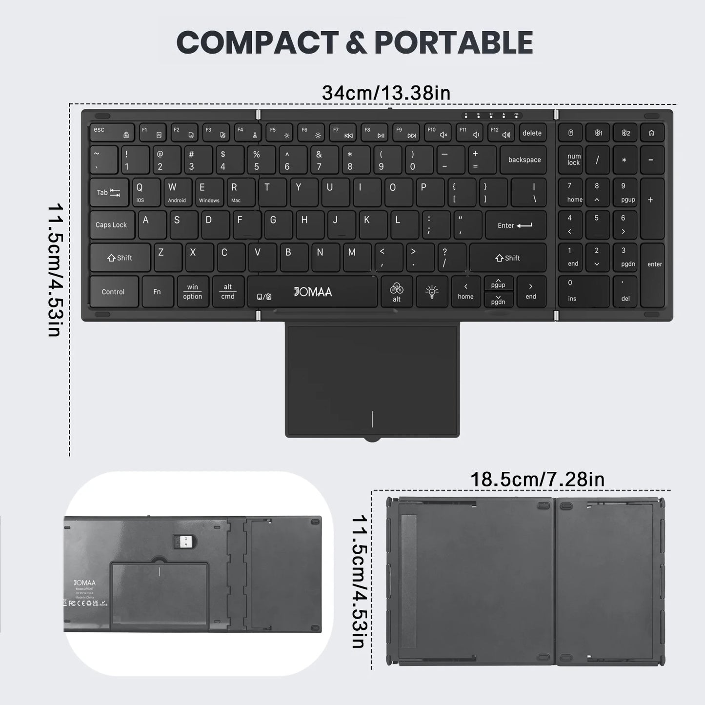 Teclado dobrável retroiluminado de tamanho completo Jomaa Bluetooth+USB, sem fios, com touchpad e teclado numérico para portátil Windows