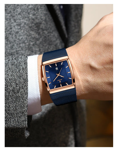 POEDAGAR Top Luxury Men Watch Stainless Steel Mesh Date Waterproof Luminous Man Wristwatch Casual Rectangle Quartz Men's Watches