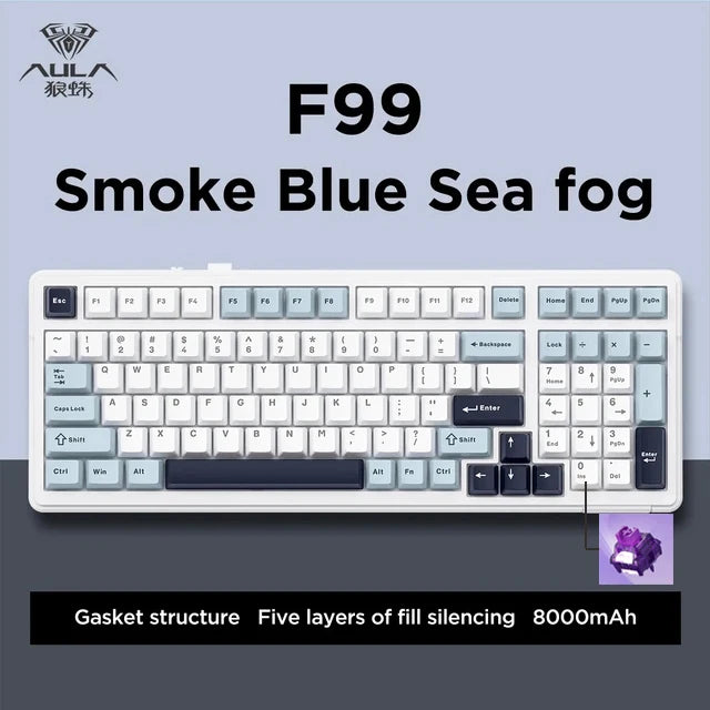 Teclado mecánico gaming Aula F99 de 99 teclas, tres modos: 2.4g inalámbrico, Bluetooth y cableado, hot swap, PBT, gasket y RGB para juegos y escritura
