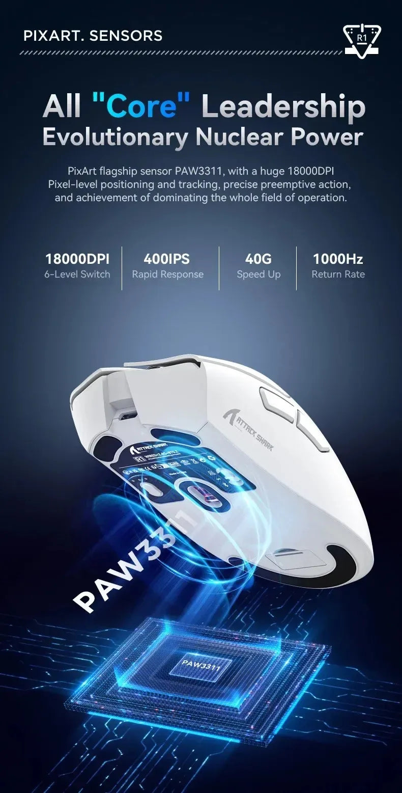 ATTACK SHARK R1 59g Ultra-light Mouse have PAW3311,18000DPI,400IPS,40G,1000Hz,Tri-Mode,Broadcom BK3633 Master,20 Million Times
