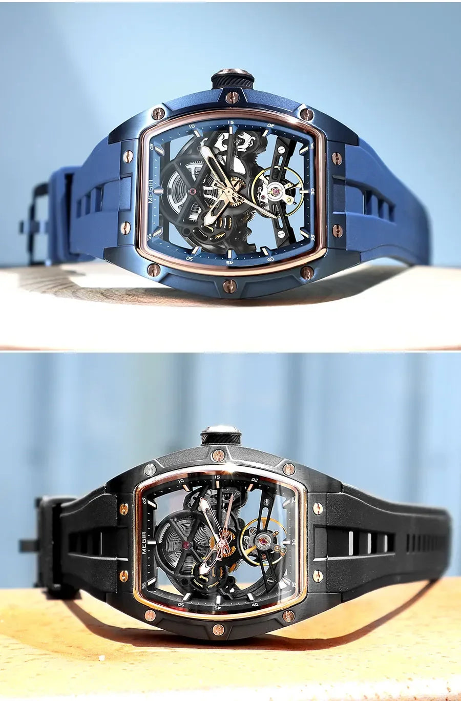 Orologio da polso automatico MEGIR da uomo, fashion, cinturino in silicone nero, impermeabile, luminoso, sportivo, meccanico, con quadrante tonneau 2242