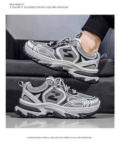 Unisex Trendy Chunky Dad Sneakers Silver Black Retro Couple Breathable Mesh Casual Platform Shoes