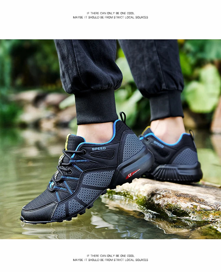Męskie buty trekkingowe — terenowe buty sportowe outdoor, oddychająca siateczka, antypoślizgowe i odporne na zużycie, do wędrówek i jazdy na rowerze na zewnątrz