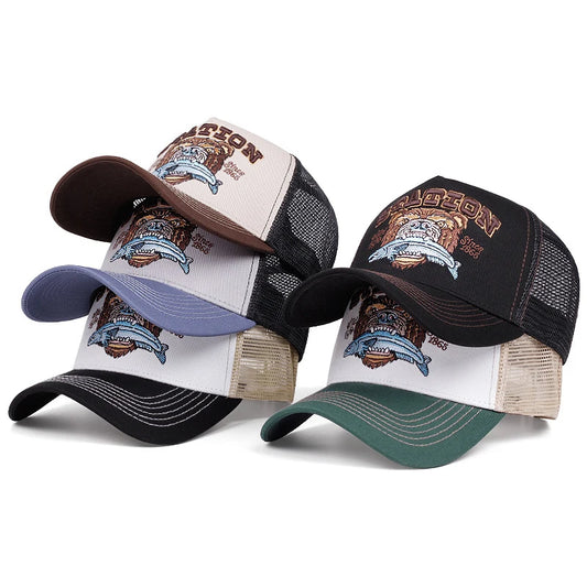 2025 New Bear Eating Fish Street Dance Hip Hop Hat Truck Hat Outdoor Skateboarding Hat Sunshade Baseball Hat Breathable Mesh Hat