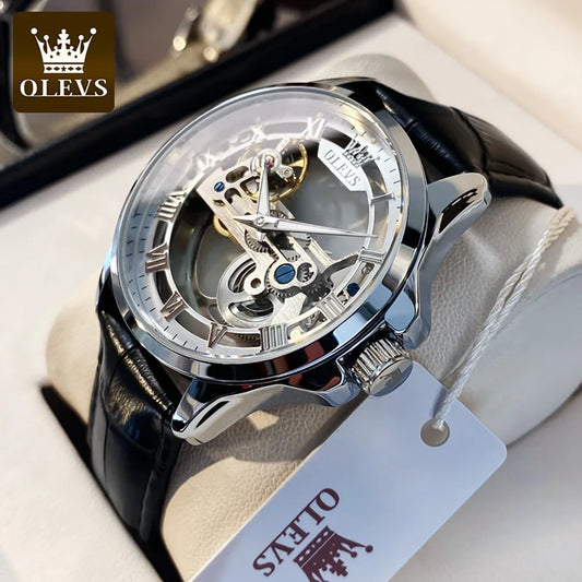 OLEVS Skeleton Automatic Mechanical Watch Men Leather Strap Luminous Waterproof Luxury Business Wristwatch For Man 6661
