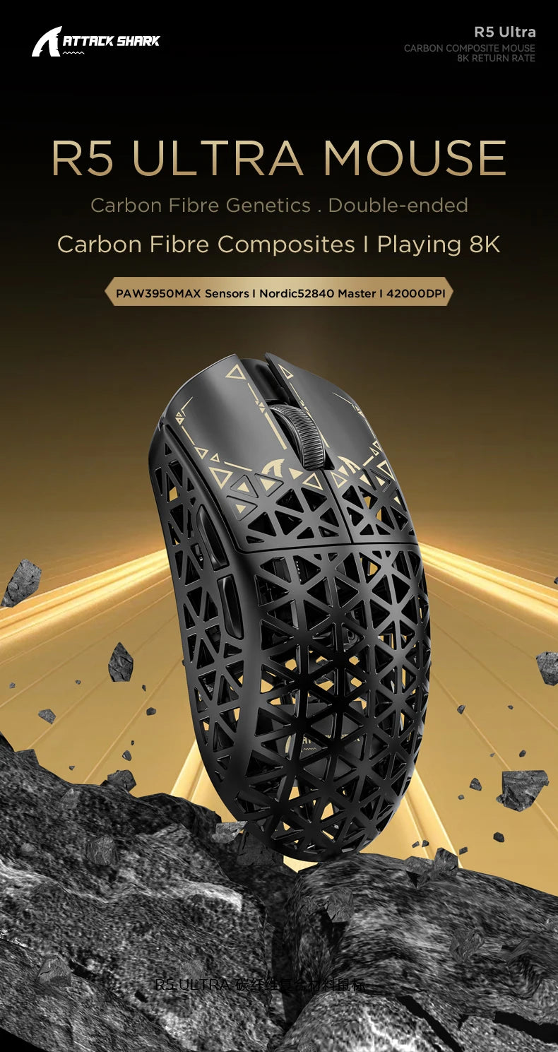 Bezdrátová herní myš ATTACK SHARK R5 Ultra Carbon Fiber, herní senzor PixArt PAW3950MAX, 42000DPI, 8000Hz, MCU Nordic 52840