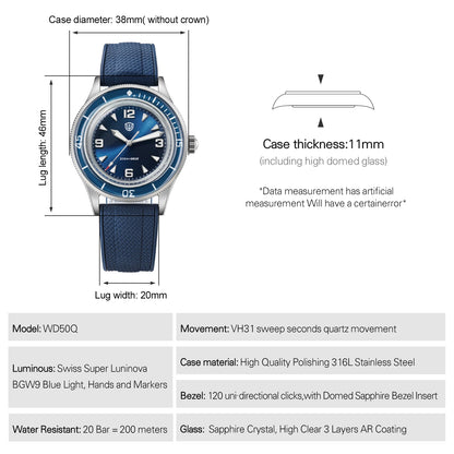 Watchdives WD50Q 38mm Watch Stainless Stee VH31 Sweep Seconds Quartz Movement Men Watches Bubble Sapphire Luminous Waterproof