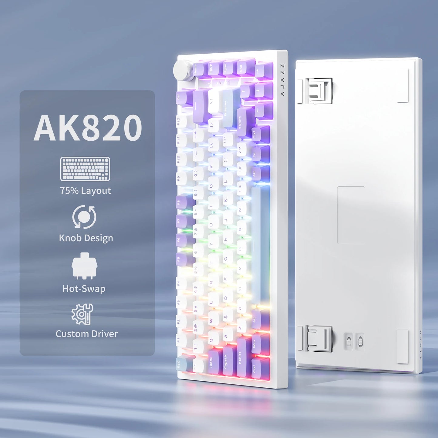 Teclado mecánico con cable AJAZZ AK820 75%: hot‑swappable, retroiluminación RGB/blanca/azul hielo, control con perilla de volumen | Para oficina y gaming