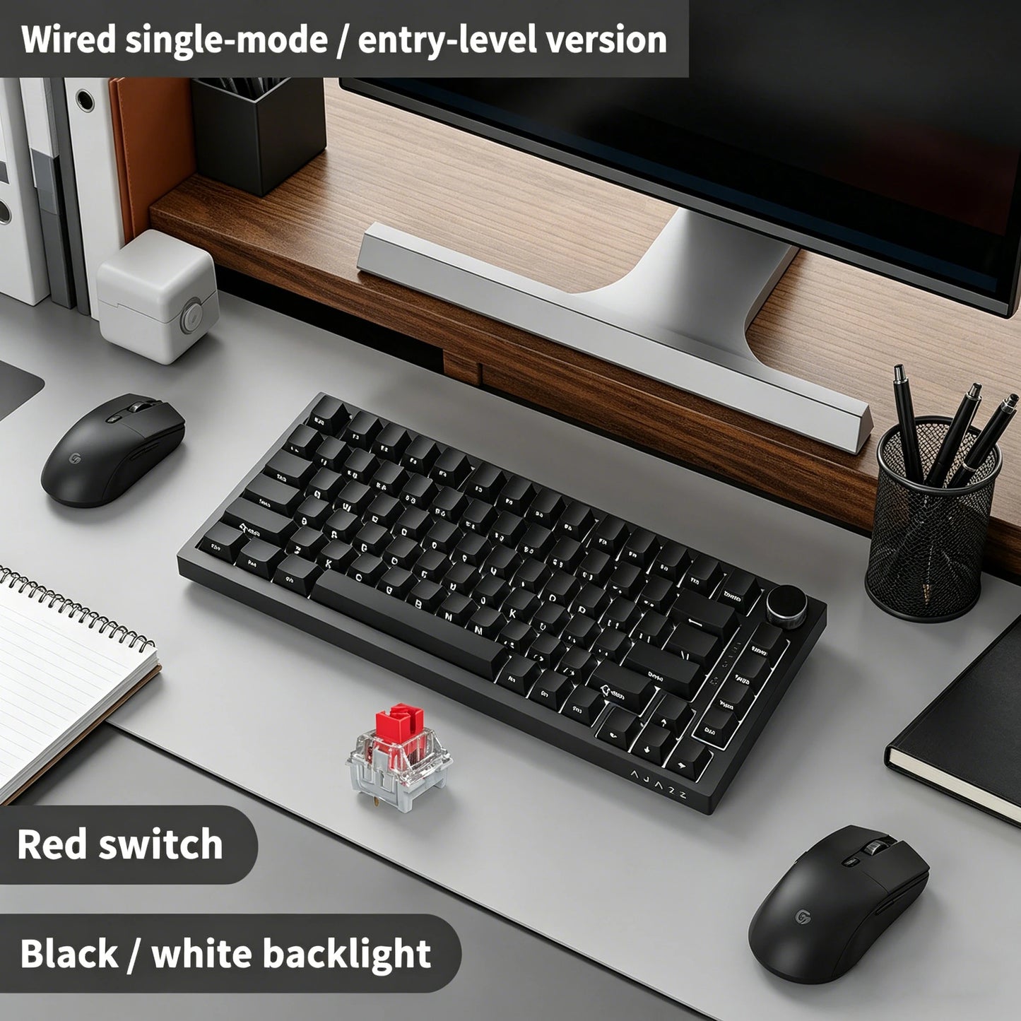 Teclado mecánico con cable AJAZZ AK820 75%: hot‑swappable, retroiluminación RGB/blanca/azul hielo, control con perilla de volumen | Para oficina y gaming