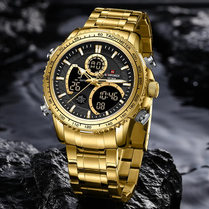 NAVIFORCE Men’s Sports Watch – Original luxury stainless steel wristwatch, water-resistant military-style model with dual display