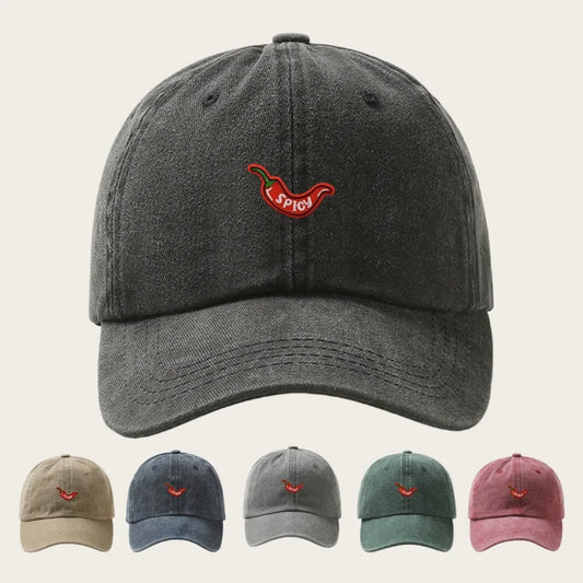1pc Retro Washed Baseball Caps for Women,with Chili Pepper Embroidery,Adjustable Snapback,Lightweight Breathable for Daily Wear