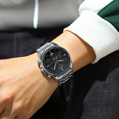 Montre pour homme CRRJU – Chronographe de luxe, grand cadran, acier inoxydable, étanche, avec affichage de la date