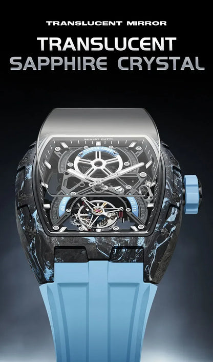 BONEST GATTI Men Automatic Mechanical Watch Skeleton Dial Sapphire Crystal Fluororubber Strap Waterproof Luminous Business watch