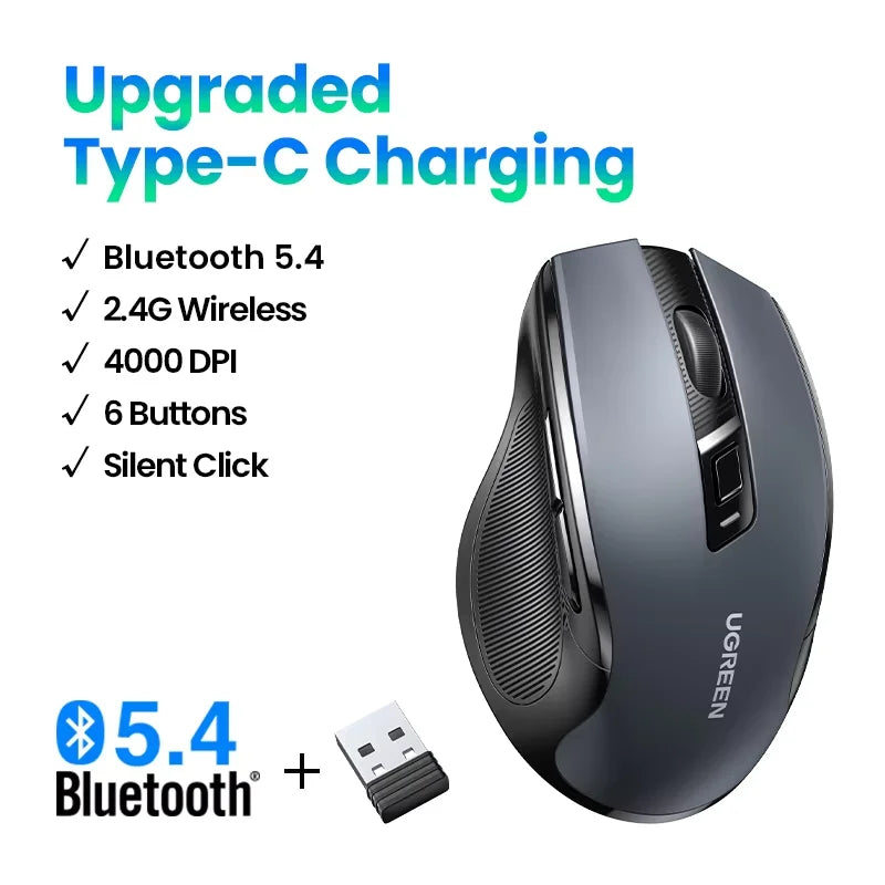 Bezdrátová myš UGREEN Bluetooth 5.0, ergonomická myš 4000 DPI se 6 tichými tlačítky pro MacBook, tablet, notebooky, počítač PC, 2.4G myš