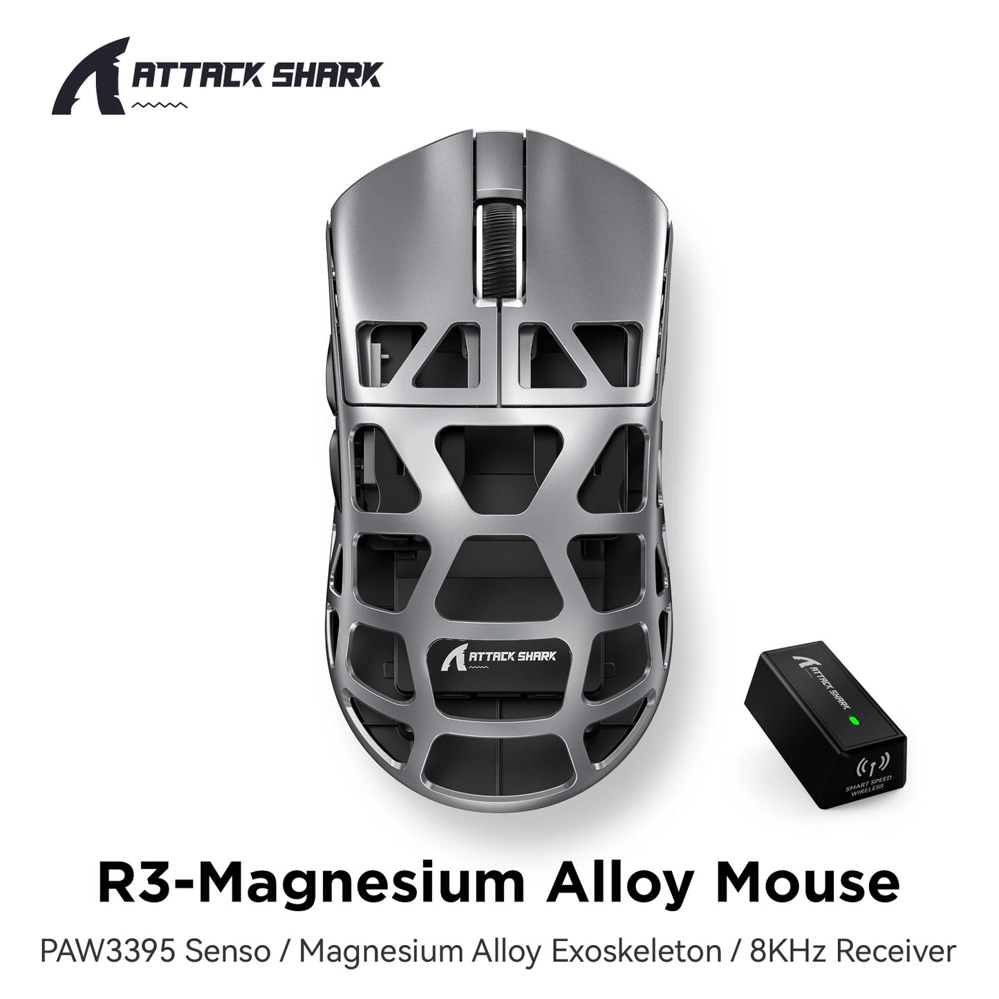 Mysz gamingowa ATTACK SHARK R3 ze stopu magnezu, konstrukcja honeycomb, ultralekka, 8K Hz, sensor PAW3395, 26000 DPI, ergonomiczna obudowa