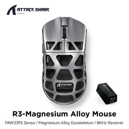 Mysz gamingowa ATTACK SHARK R3 ze stopu magnezu, konstrukcja honeycomb, ultralekka, 8K Hz, sensor PAW3395, 26000 DPI, ergonomiczna obudowa