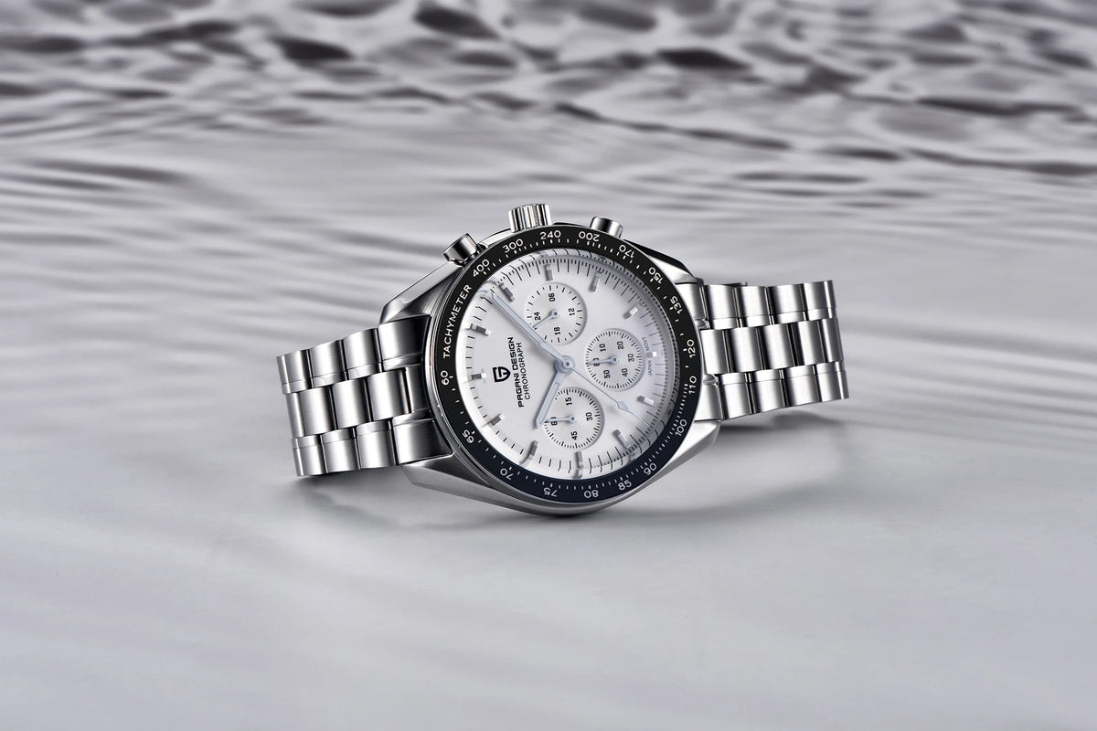 Montre pour homme PAGANI DESIGN « New Moon » – Montre à quartz de luxe, chronographe, verre saphir avec traitement antireflet, lunette en céramique, aiguilles luminescentes