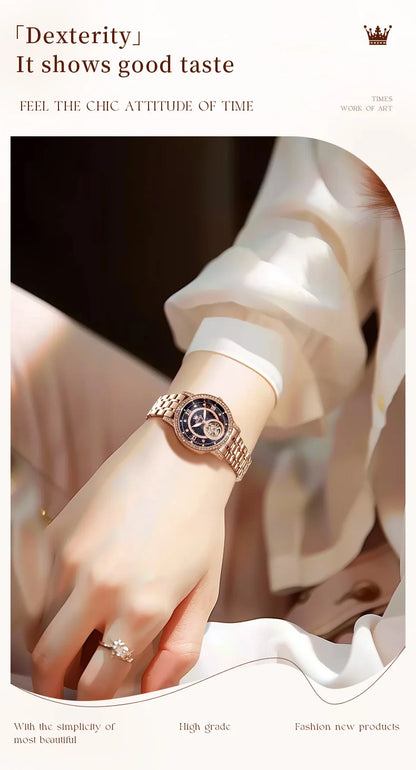 OLEVS Women's Watches Starry Sky Design Automatic Watch for Women Stainless Steel Flywheel Hollowed Ladies Mechanical Watch 7036