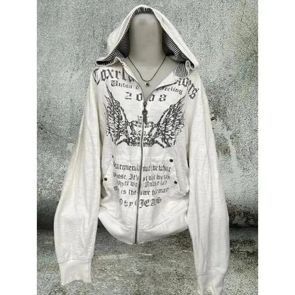 American Vintage Black Faux Fur Sweatshirts Women Letter Printed Subculture Coats with Hooded Female Gothic Harajuku Jackets Y2k