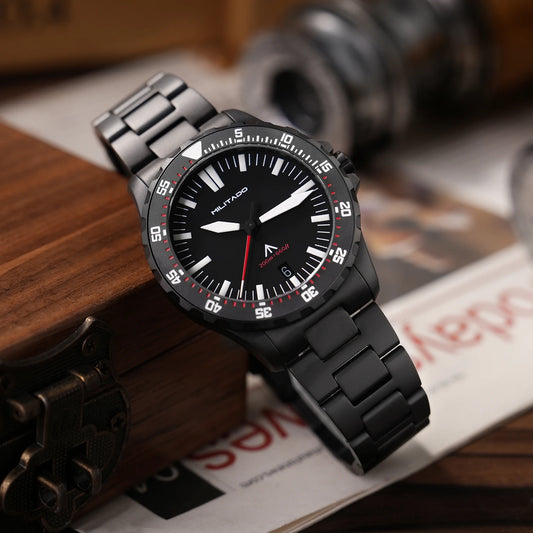 Náramkové hodinky Militado Ml16 PVD Black Quartz VH31/Ronda 515 39 mm retro hodinky se safírovým sklem, luminiscenčními ručičkami a vodotěsností 200 m pro potápění BGW9