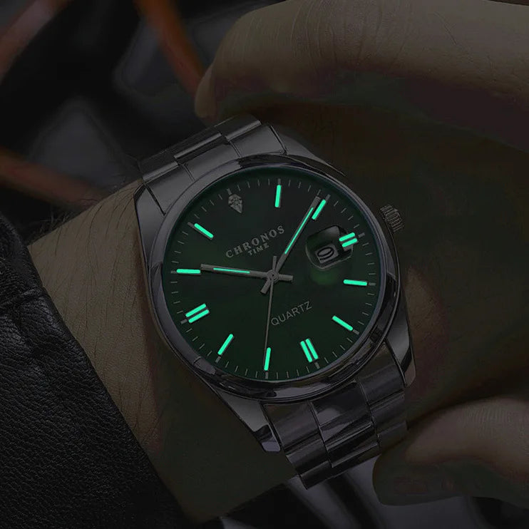 Pánske náramkové hodinky CHRONOS – luxusná značka, vodotesné, s luminiscenčným ciferníkom, s ukazovateľom dátumu, z nehrdzavejúcej ocele, s quartzovým strojčekom.