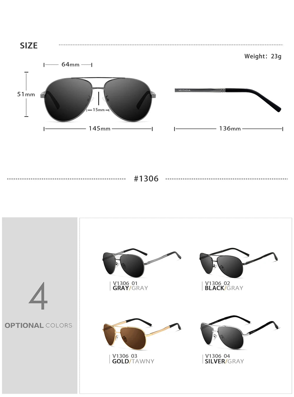 VEITHDIA Men's Polarized UV400 Sunglasses Vintage Designer Goggle Classic Fashion Outdoor Driving Sun Glasses For Male VT1306
