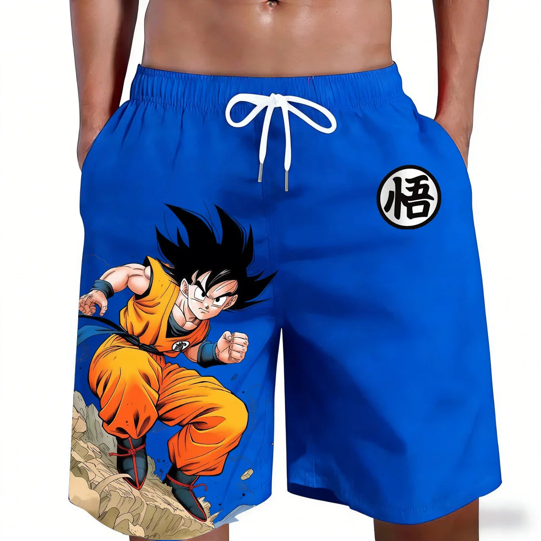 Nové šortky s potiskem anime symbolu kanji Goku z Dragon Ball – ležérní, volné, vysoce kvalitní, trendy grafika, letní, rychleschnoucí