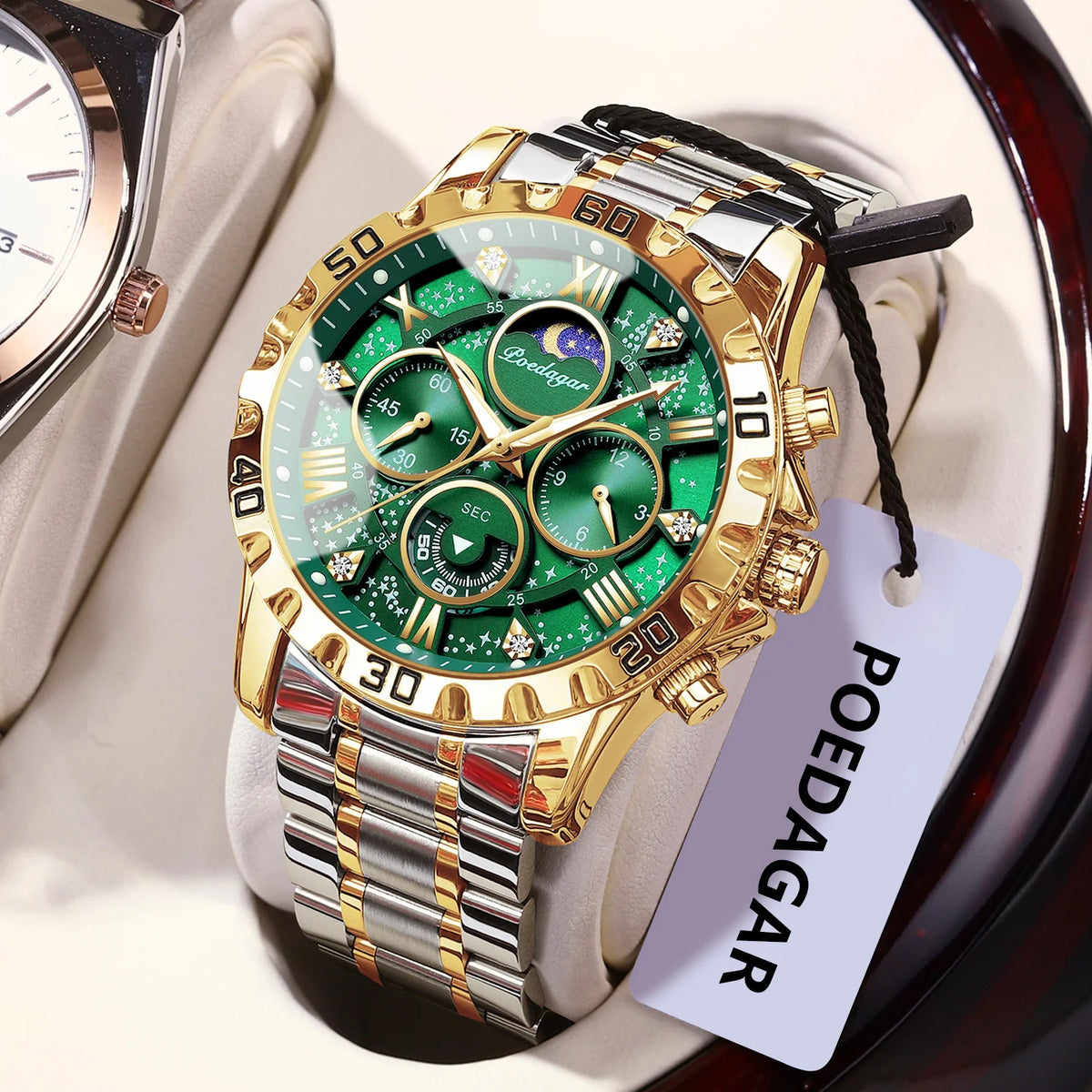 Montre homme de luxe POEDAGAR, étanche, lumineuse, en acier inoxydable, à quartz, chronographe, style militaire.