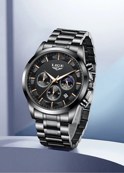 Montre pour homme LIGE – Chronographe à quartz de luxe, étanche (3 bars), avec aiguilles luminescentes