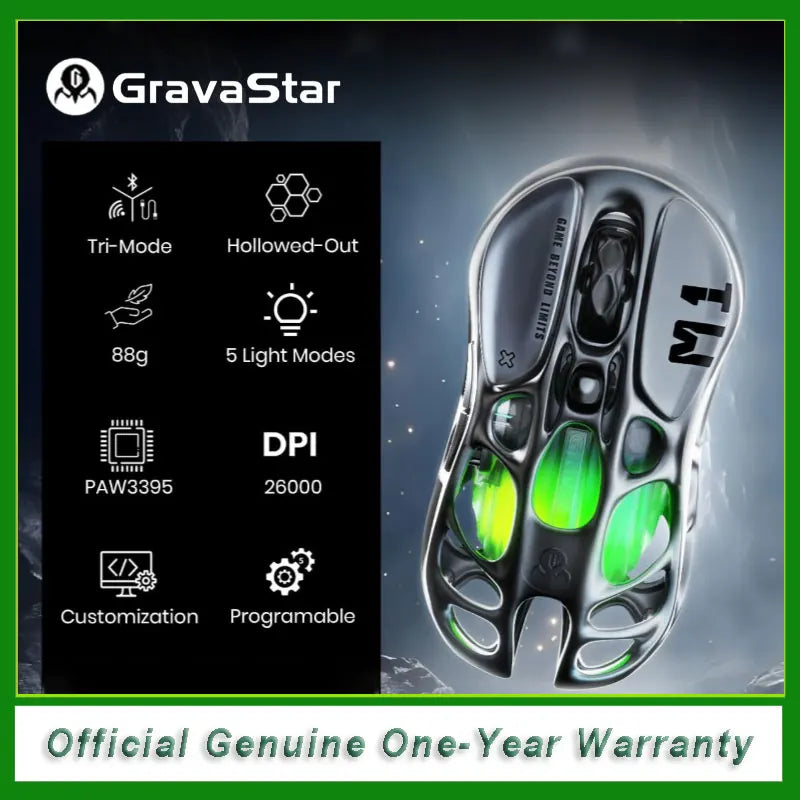 GravaStar Mercury M1 Pro Wireless Gaming Mouse  26000DPI Wired / 2.4GHz / Bluetooth GLOWSYNC RGB