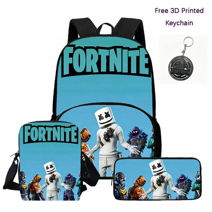 FORTNITE 3Pcs Lightweight Backpack With Front Pocket,Crossbody Bag&Pencil Case For Age 6-10 Boys Girls,Free 3D Printed Keychain
