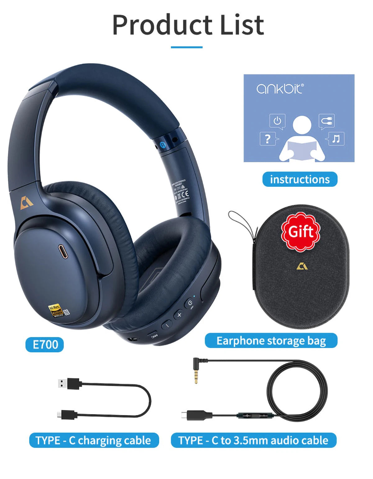 1Mii E700 Wireless Bluetooth Headphones LDAC Lossless Hi-Res Sound,ANC Active Noise Reduction ,HIFI Stereo Gaming Headset,65H