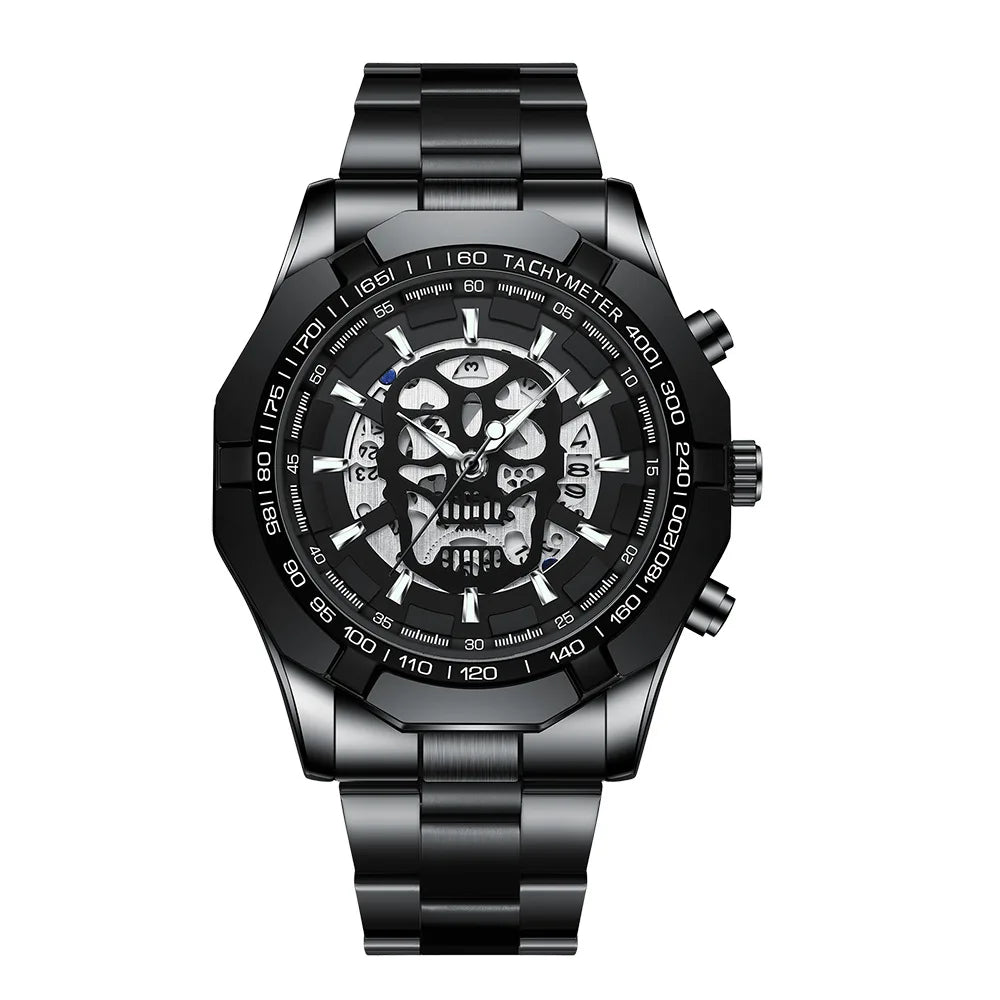 BINBOND-polshorloge voor heren, met skelet-schedelmotief, nauwkeurig quartz-uurwerk, luxueus, verlicht, waterdicht, met automatische datumweergave, robuust.