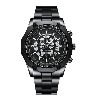 BINBOND-polshorloge voor heren, met skelet-schedelmotief, nauwkeurig quartz-uurwerk, luxueus, verlicht, waterdicht, met automatische datumweergave, robuust.