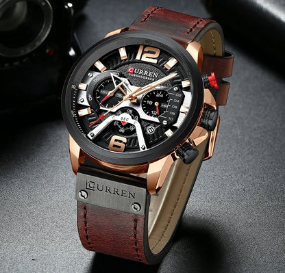 Montre pour homme CURREN 8329 – Style sport décontracté, design militaire, bracelet en cuir, chronographe tendance, montre de luxe de grande marque